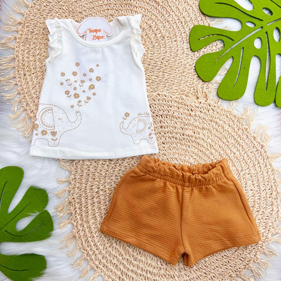 Conj. Regata Elefantinhos e Short - Off White e Marrom